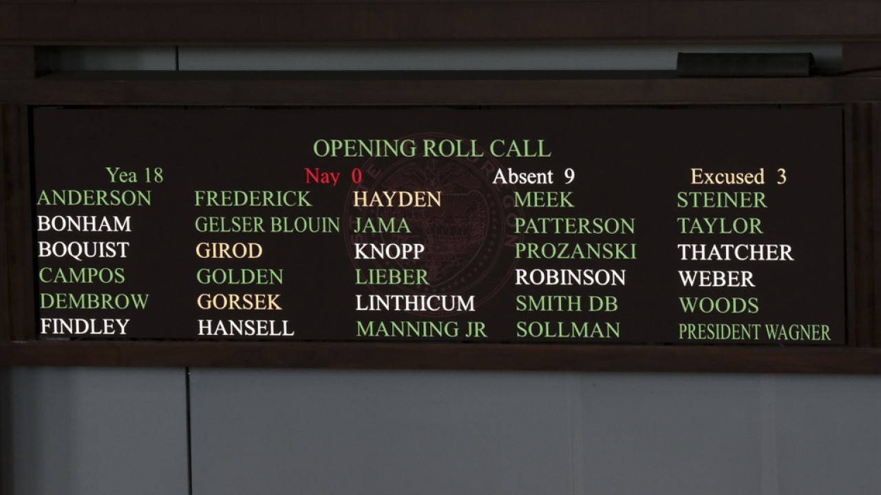 Roll call is listed on the voting board during a Senate session at the Oregon State Capitol in Salem