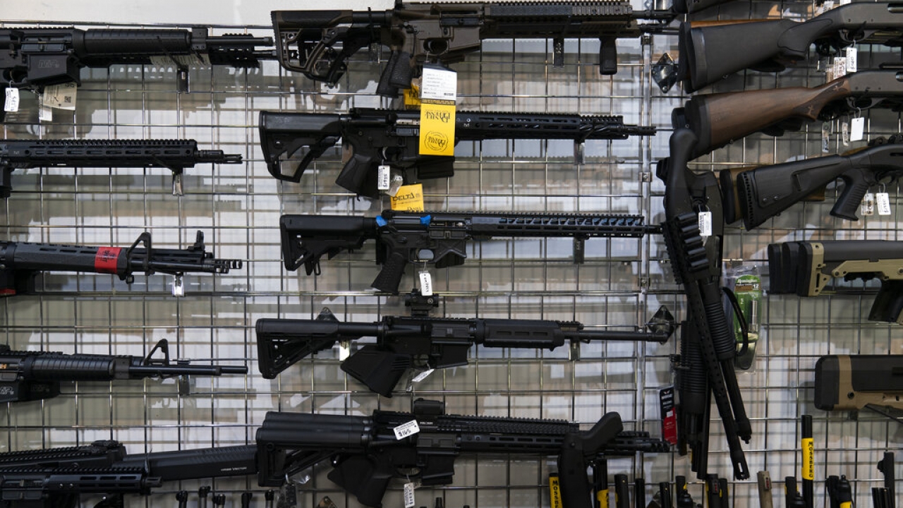 AR-15-style rifles are on display at Burbank Ammo & Guns in Burbank, California.