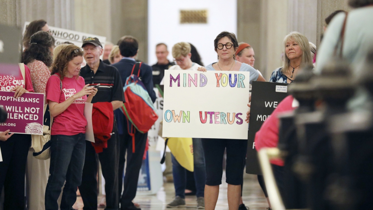 Protesters against a stricter ban on abortion in South Carolina stand in the Statehouse.