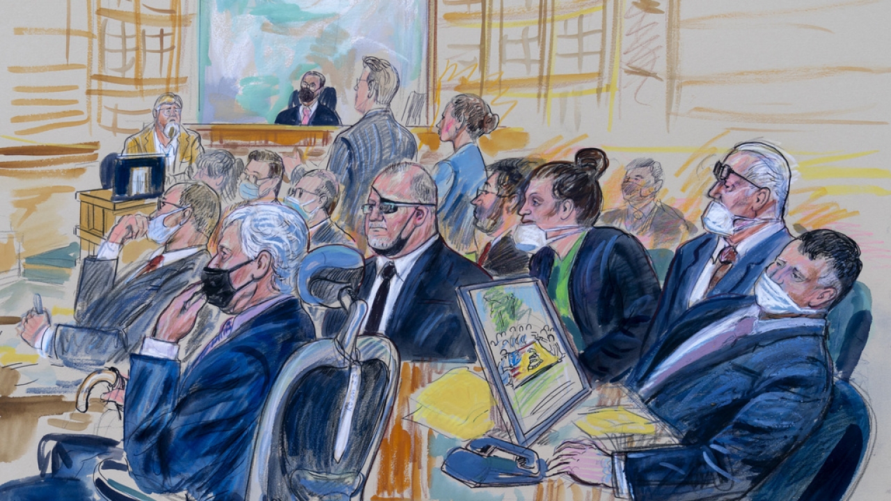 Artist's sketch depicts the trial of Oath Keepers leader Stewart Rhodes and others charged with seditious conspiracy.