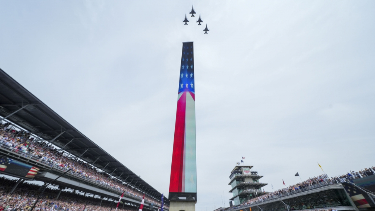 Fighter jets fly over the Indianapolis Motor SpeedwayI during ceremonies before the Indianapolis 500.