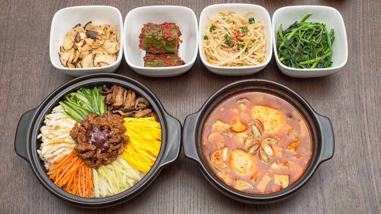 Korean bibimbap and kim-chi soup.