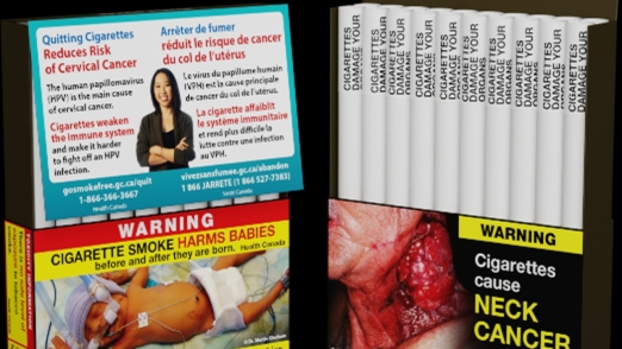 Warning labels placed on tobacco packaging, individual cigarettes.