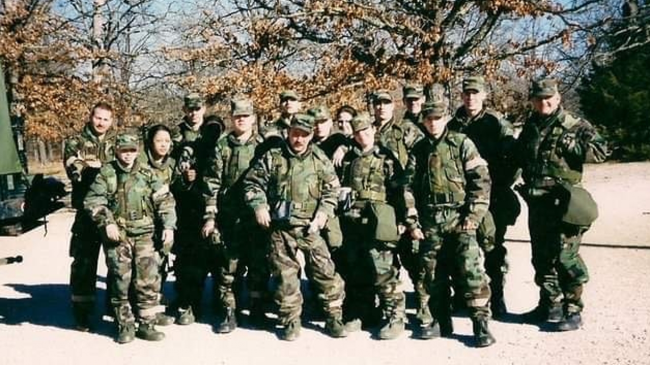 Airman Biff Boswell trains with his class at Fort Leonard Wood, Missouri, in 2001.
