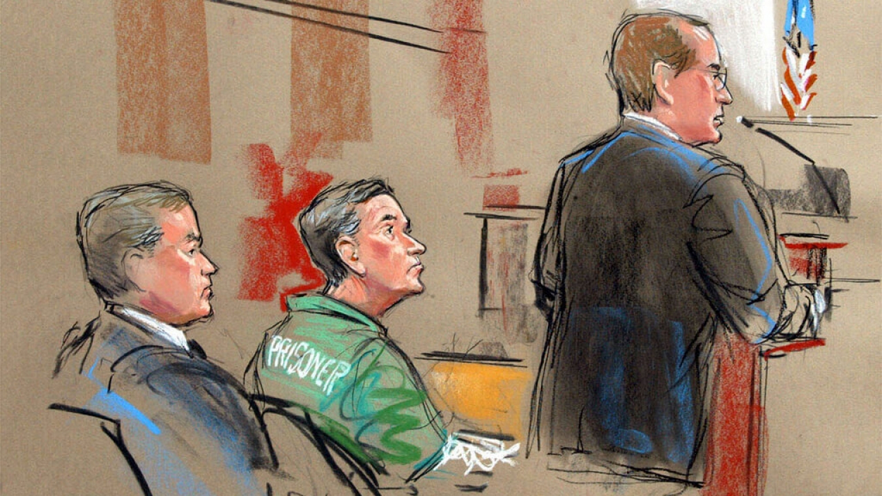 A courtroom sketch of Robert Hanssen, center