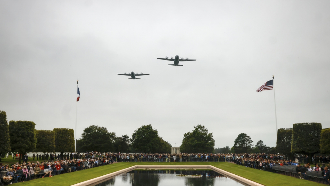 War planes fly over a ceremony marking the 79th anniversary of the assault that led to the liberation of France.
