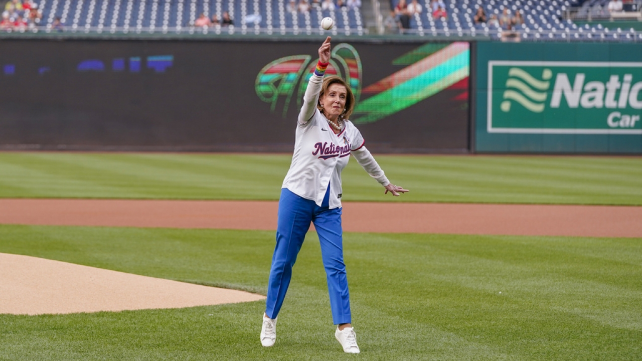 Rep. Nancy Pelosi, D-Calif., throws out a ceremonial first pitch.
