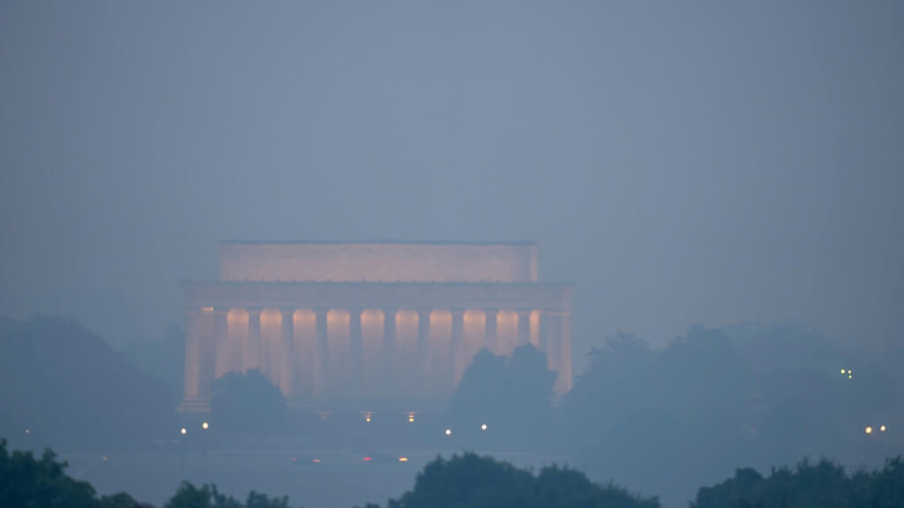 Haze blankets the Lincoln Memorial on the National Mall in Washington, D.C.