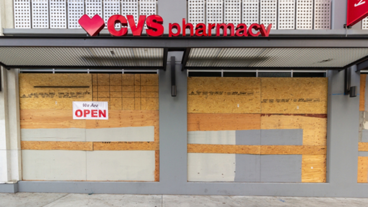 A boarded up CVS store in downtown Los Angeles.