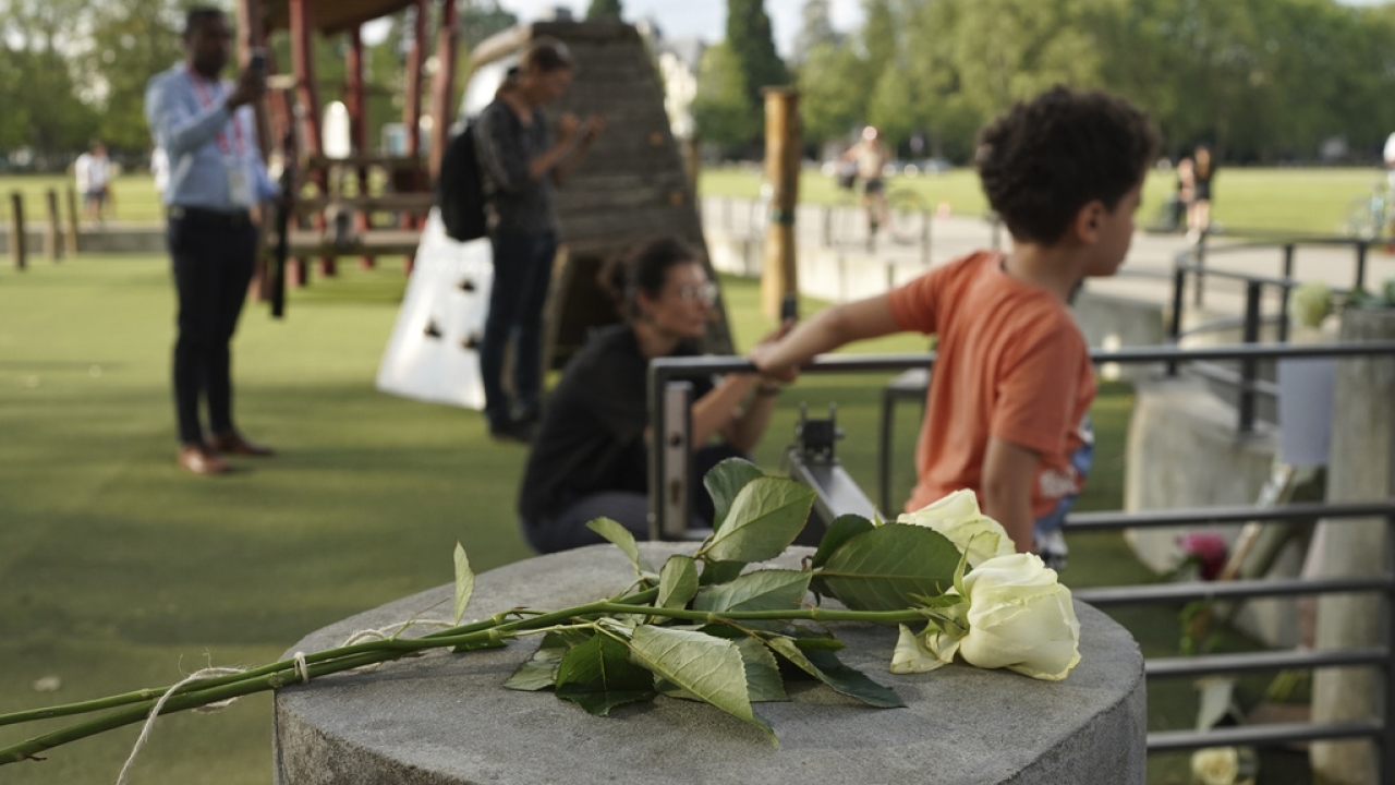 Flowers at the site of a knife attack in France.