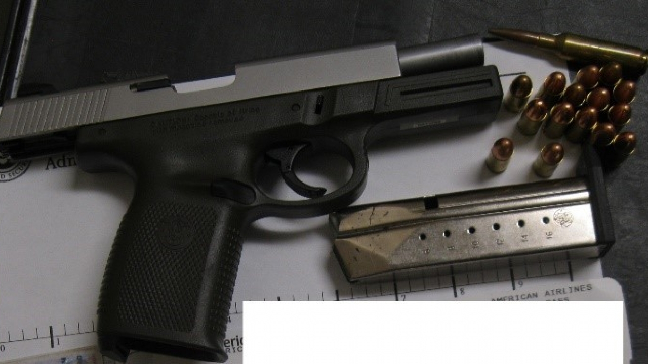 A handgun intercepted by TSA at Sioux Falls Regional Airport is shown.