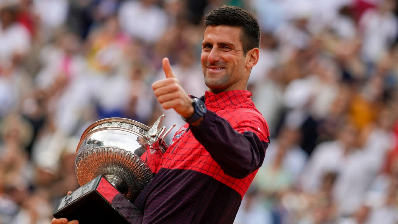 Serbia's Novak Djokovic celebrates winning.