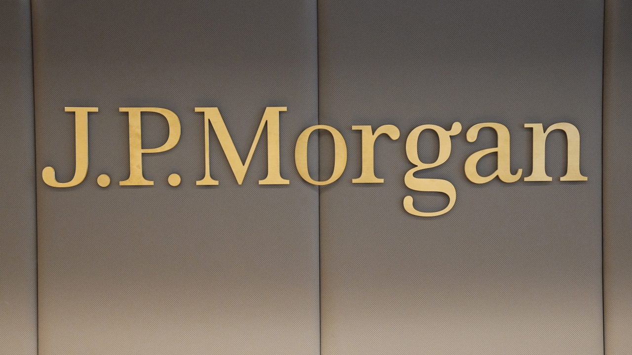 JPMorgan's logo is pictured at the new French headquarters of JP Morgan bank.