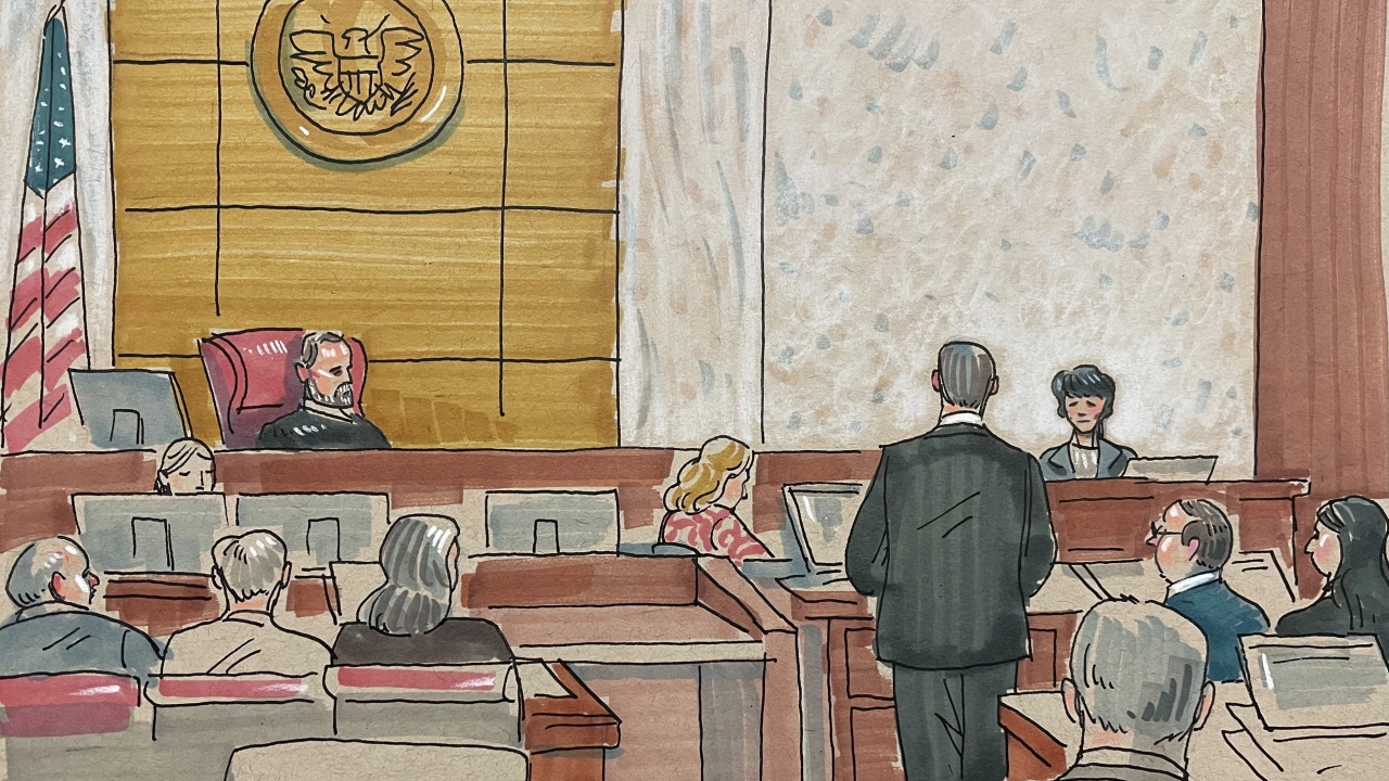 Courtroom sketch, shooting survivor Andrea Wedner testifies.