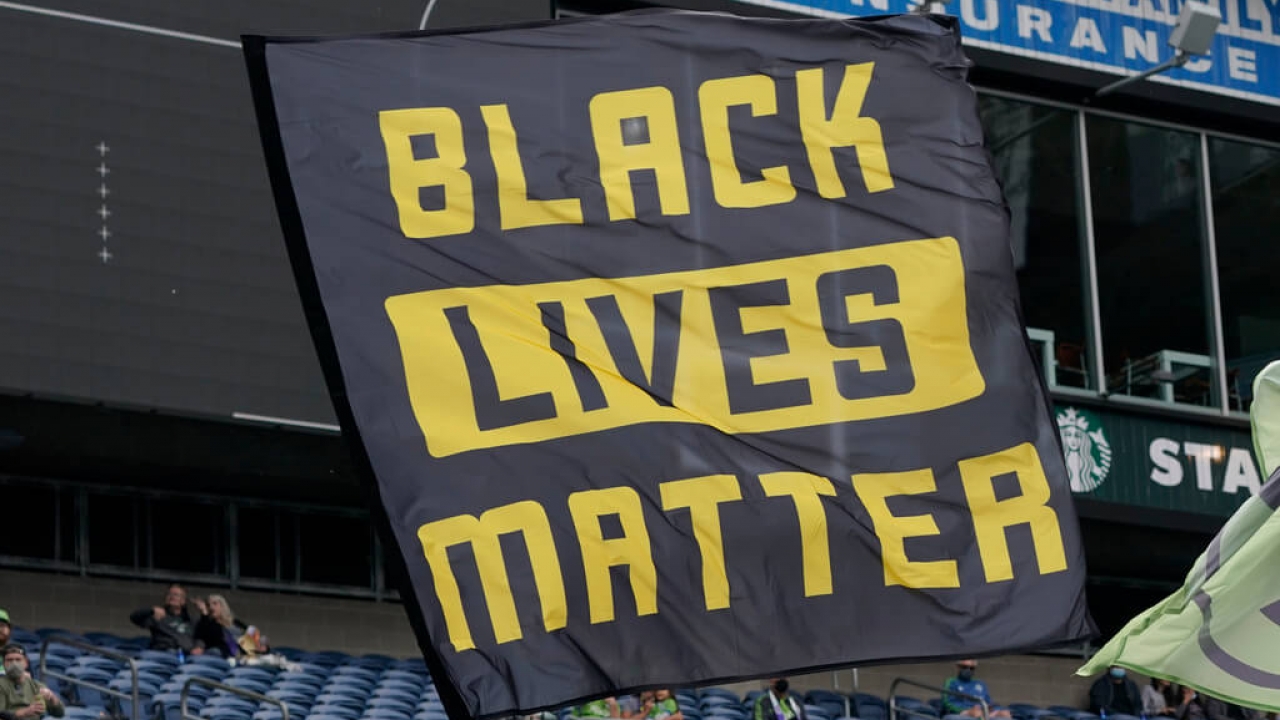 Black Lives Matter flag before an MLS soccer match.