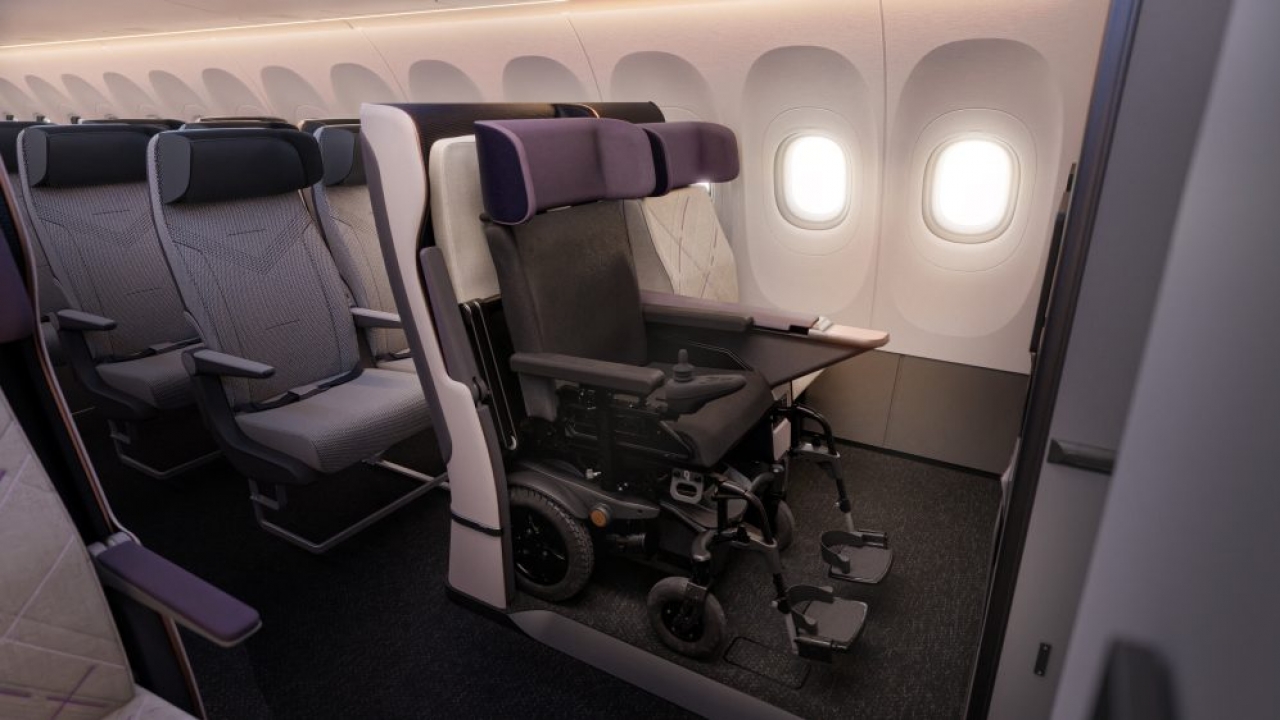 A wheelchair-accessible seating accommodation on an airplane.
