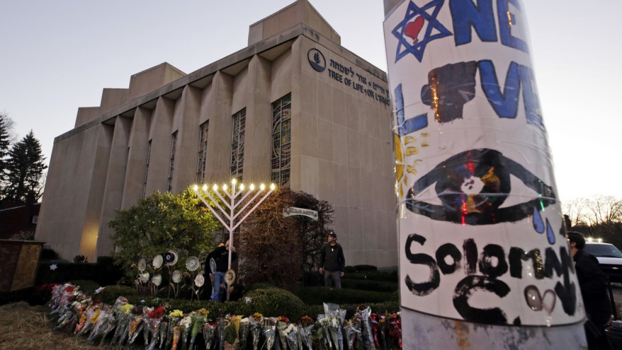 A menorah outside the Tree of Life Synagogue.