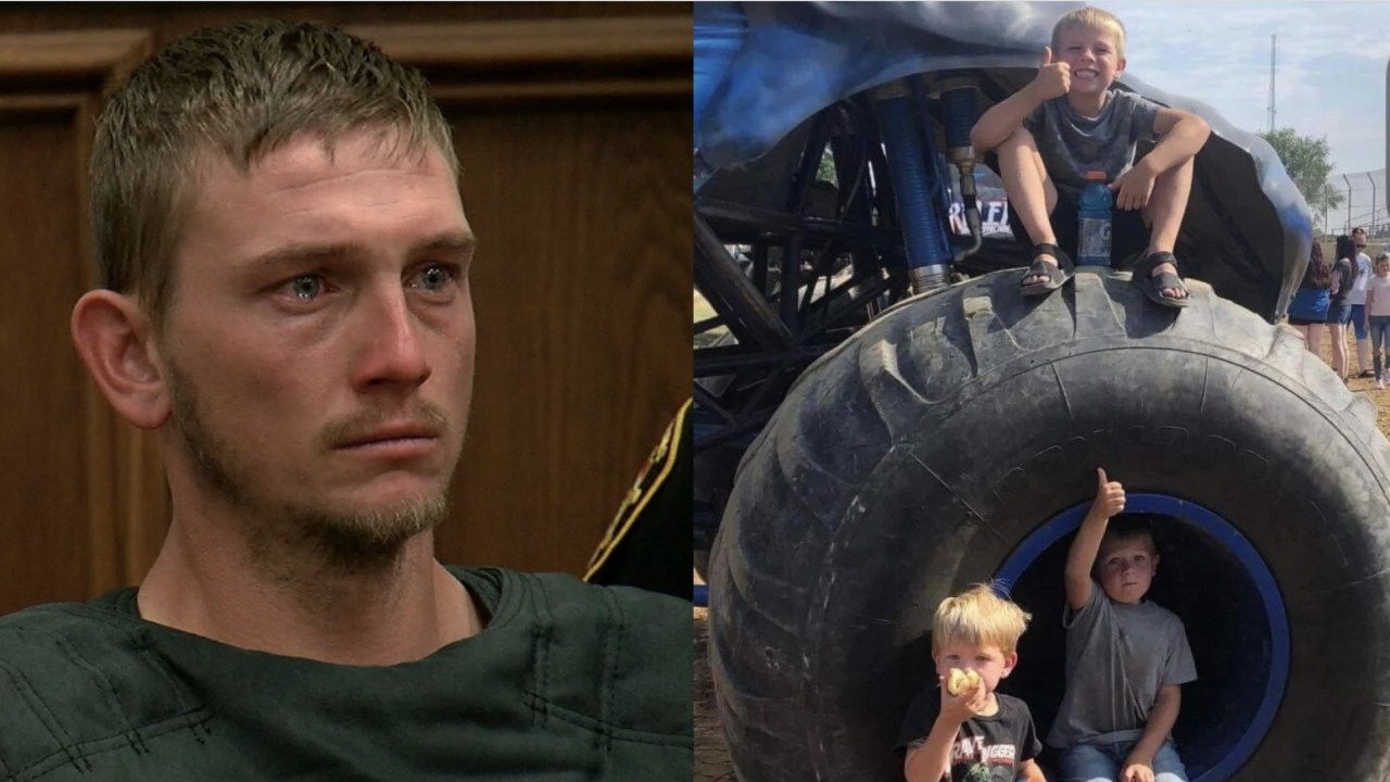 A photo of Chad Doerman in court next to a photo of his three sons.
