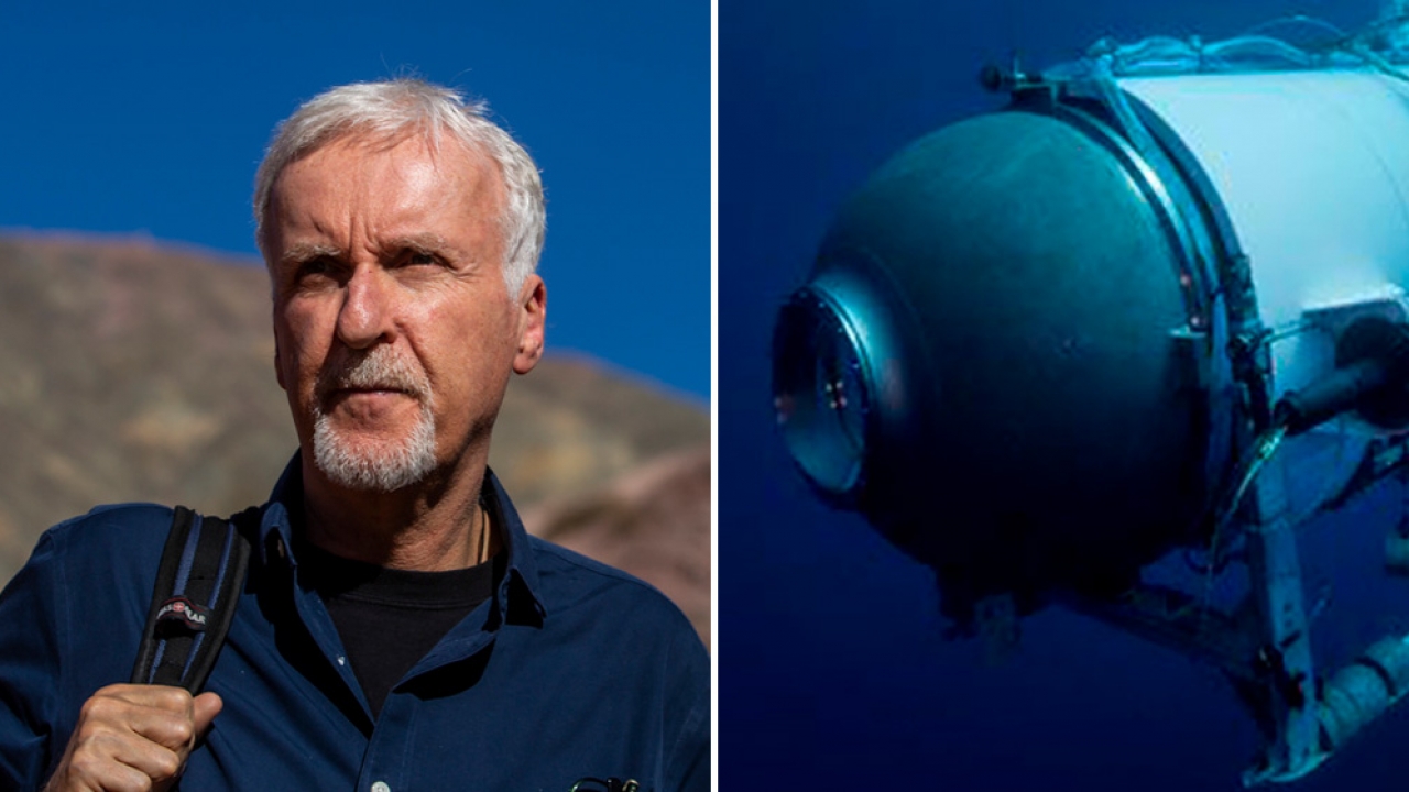 Director James Cameron and an image of the OceanGate submersible.