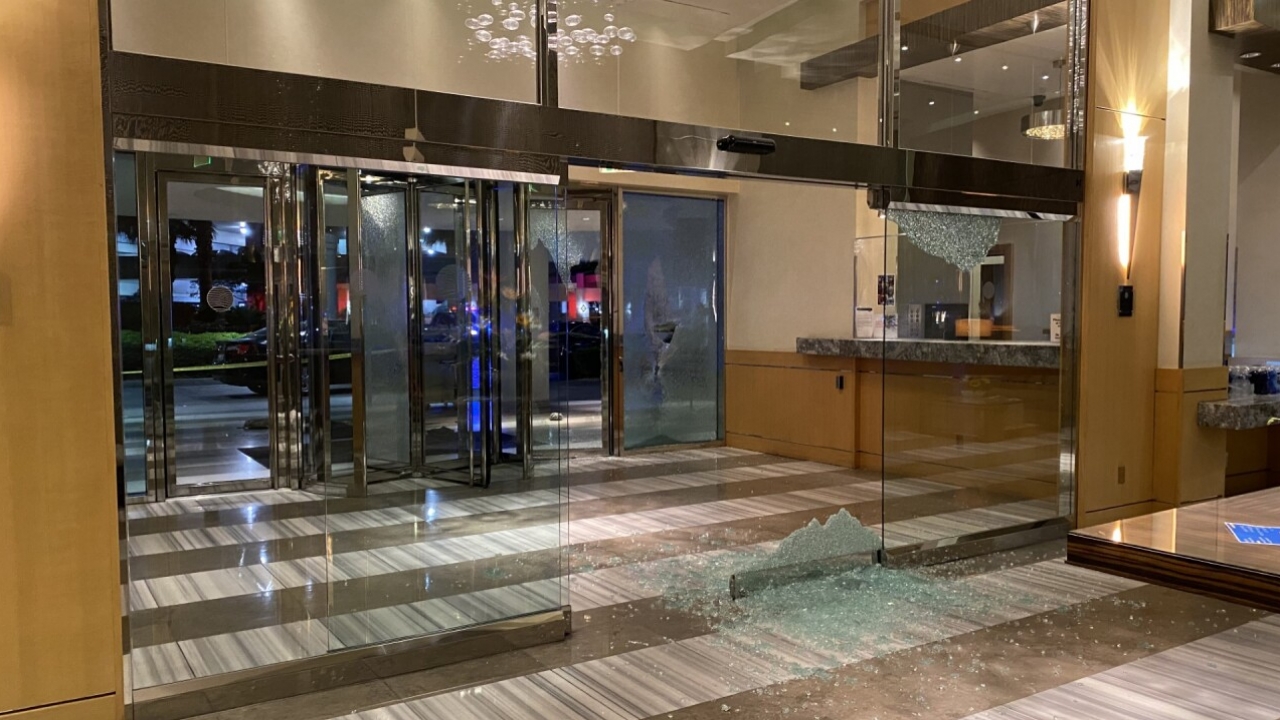 Shattered glass door at Turnberry Towers in Las Vegas