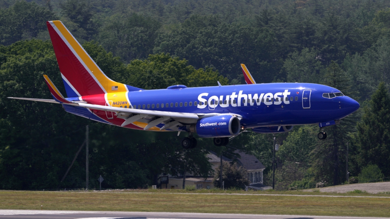 A Southwest plane lands in Boston