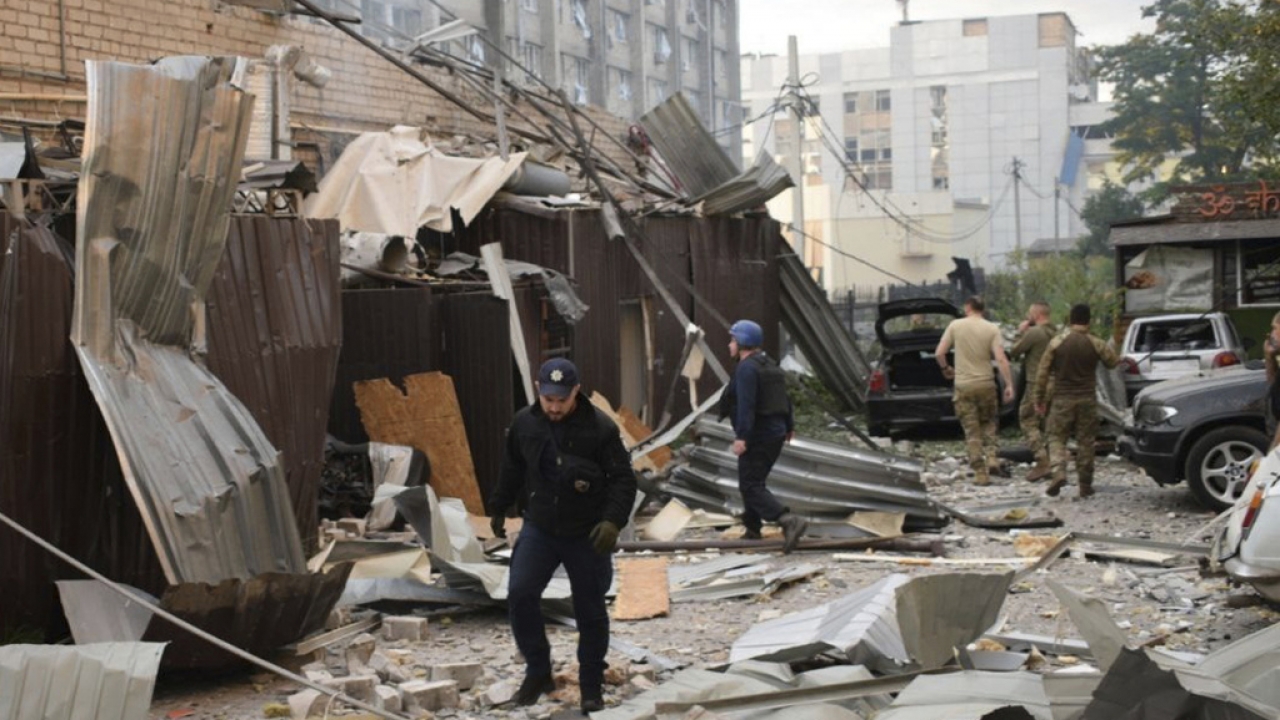 Debris in front of a Ukraine pizza restaurant destroyed by a Russian attack