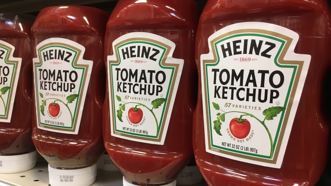 Bottles of Heinz tomato ketchup.