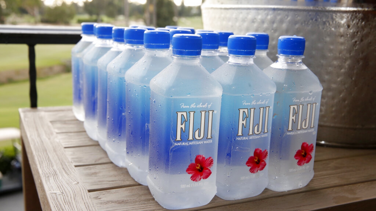 Bottles of Fiji water seen on a table at the 2016 Emmys Golf Classic.