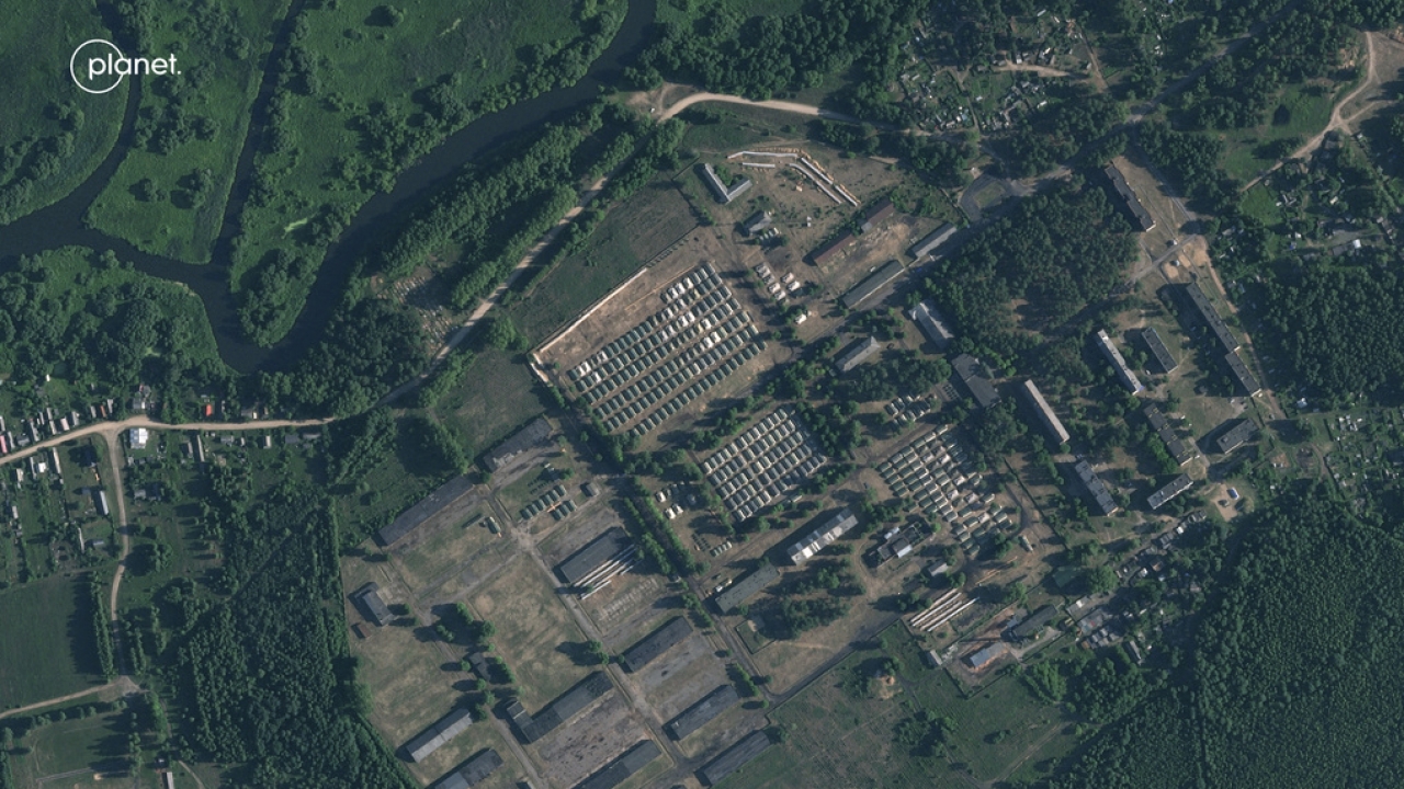 Satellite image shows apparent recent construction of tents at a former military base in Belarus