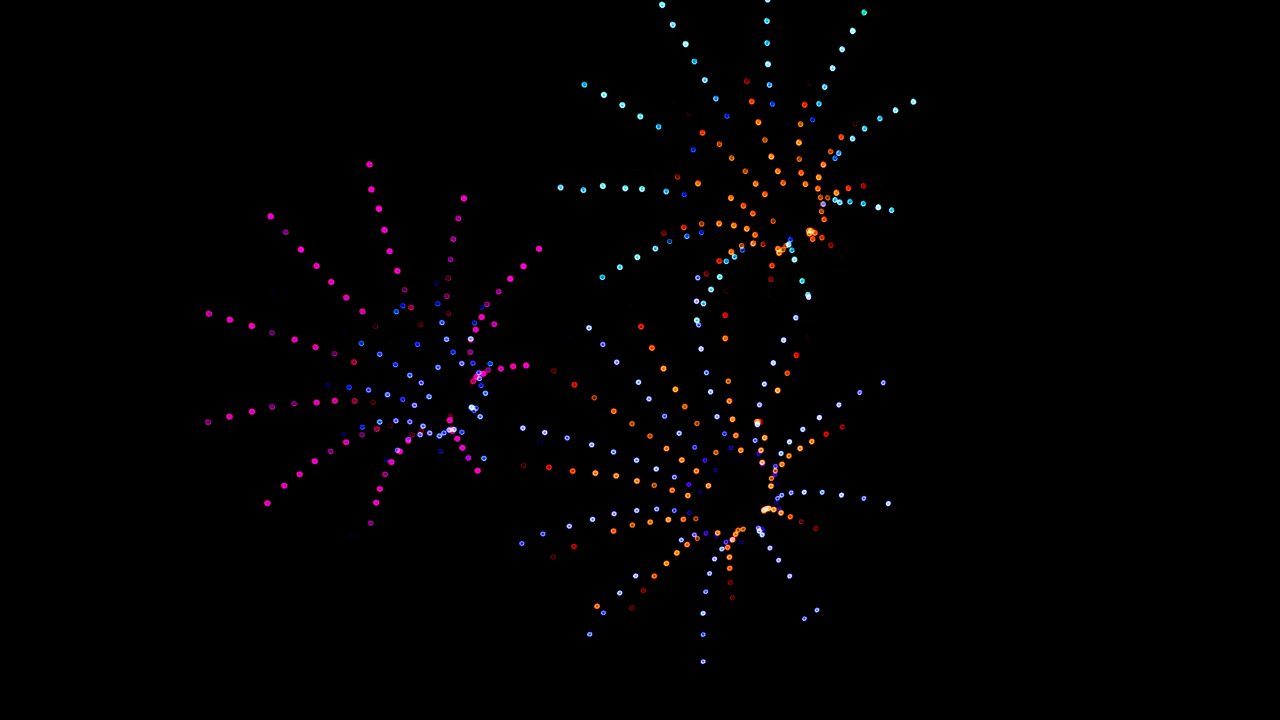 A colorful drone light show in the shape of fireworks in the night sky.