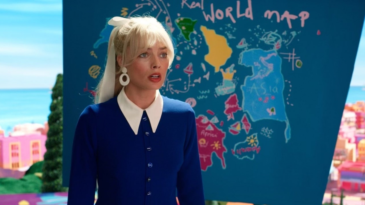 Margot Robbie as "Barbie" in front of the controversial map.
