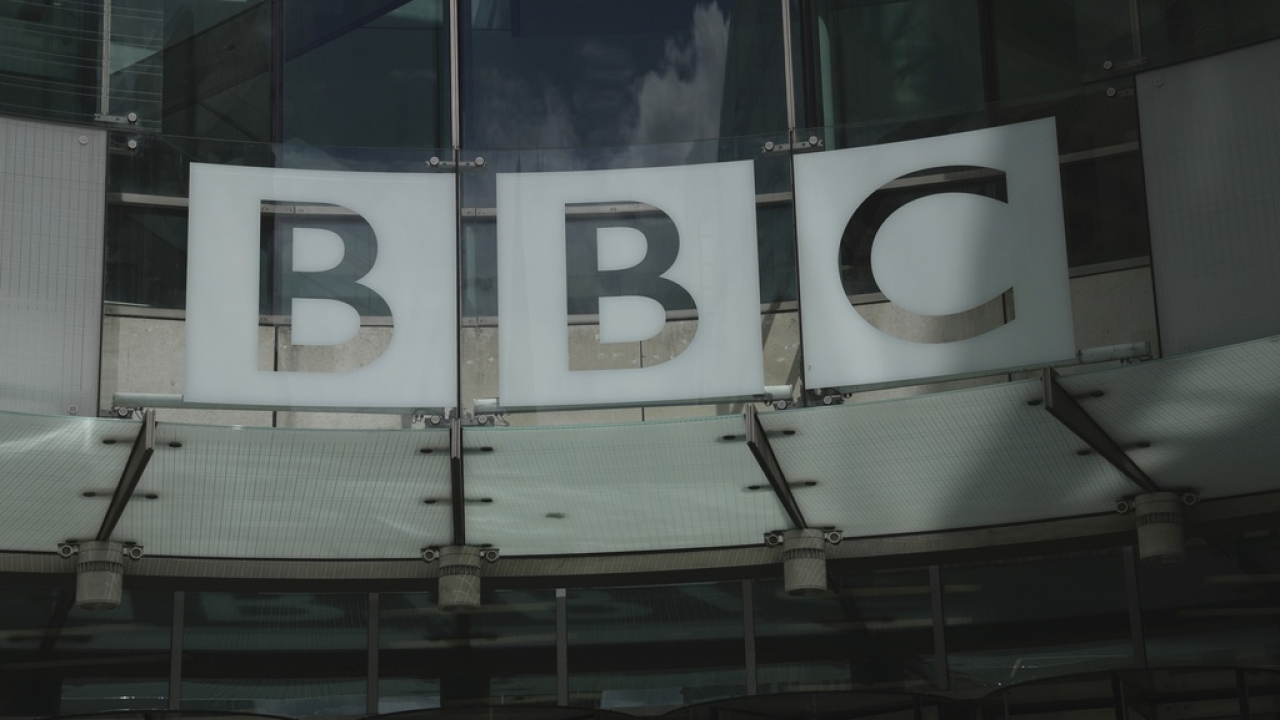 A logo of the BBC is seen at the BBC Headquarters in London.
