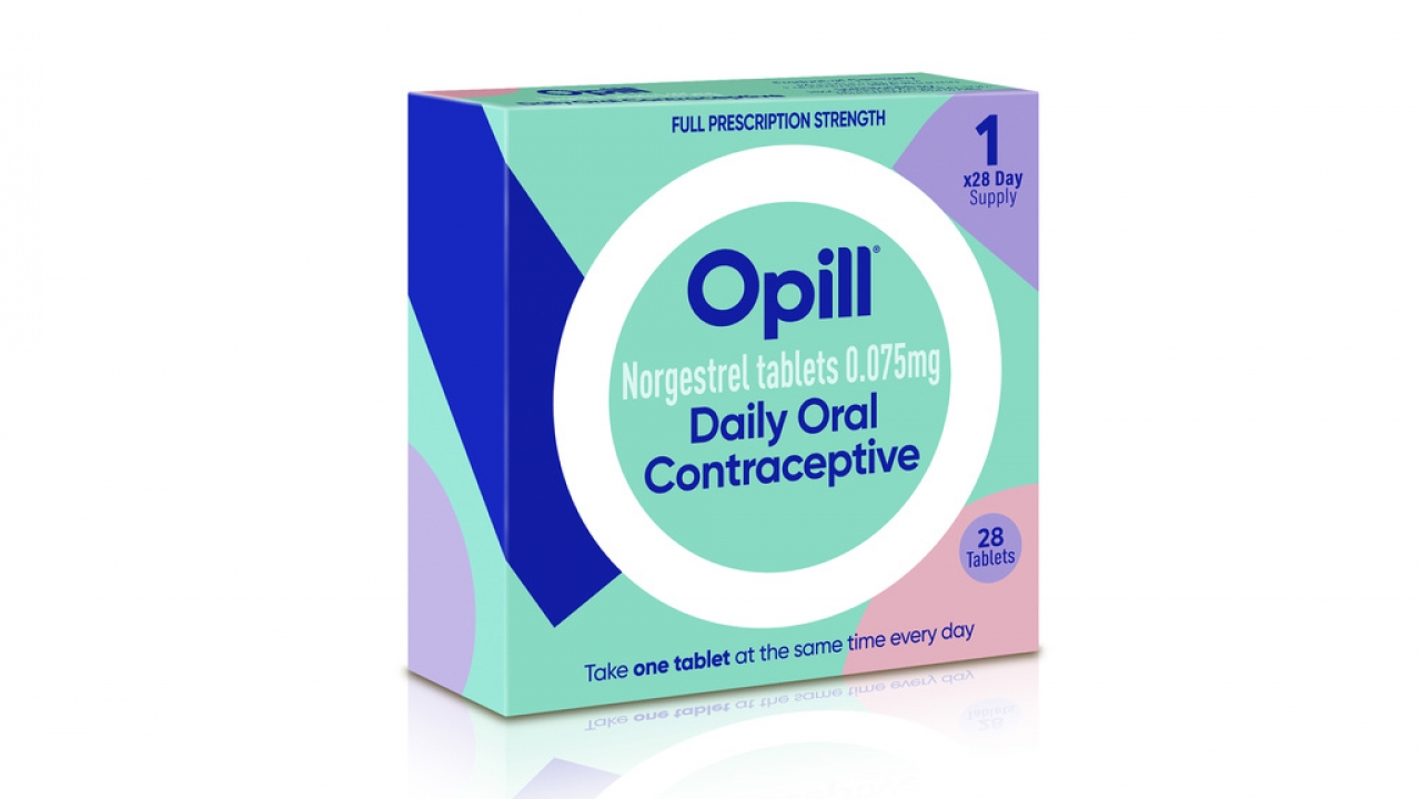 Packaging for the birth control medication Opill.