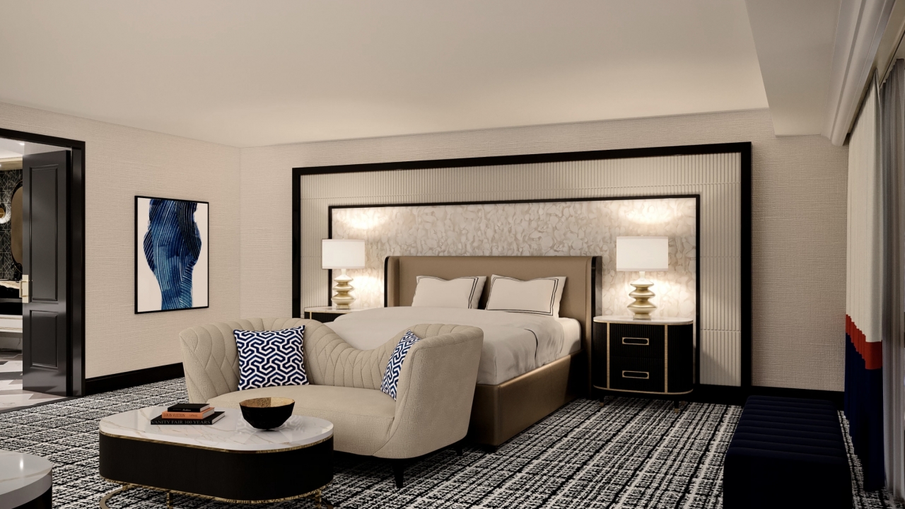 Interior renderings of a hotel room in Las Vegas