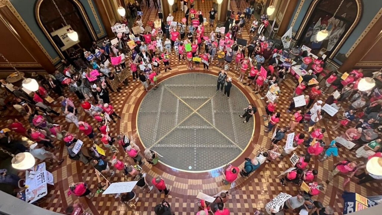 Protesters supporting abortion rights in Iowa's state capitol building