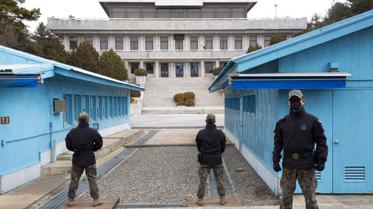 South Korean soldiers stand guard during a media tour at the Joint Security Area.