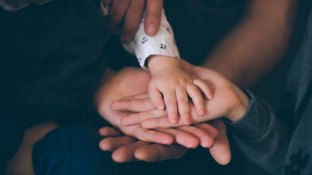 Child holding adult's hands.