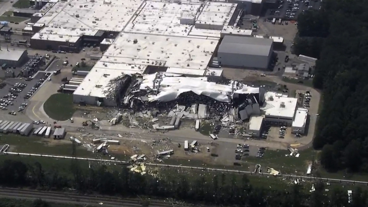 The Pfizer plant is damaged after severe weather passed the area.