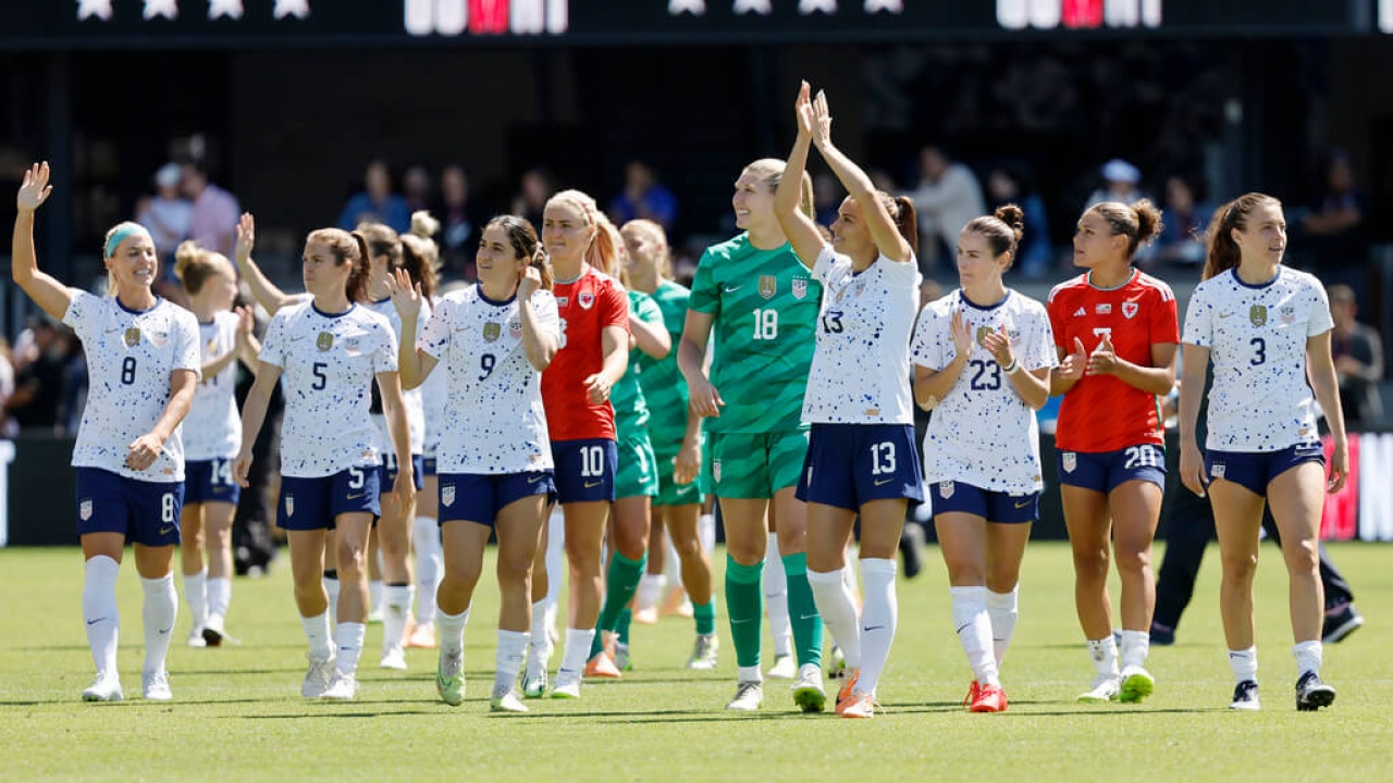 The United States team celebrates a win against Wales during a FIFA Women's World Cup send-off soccer match.