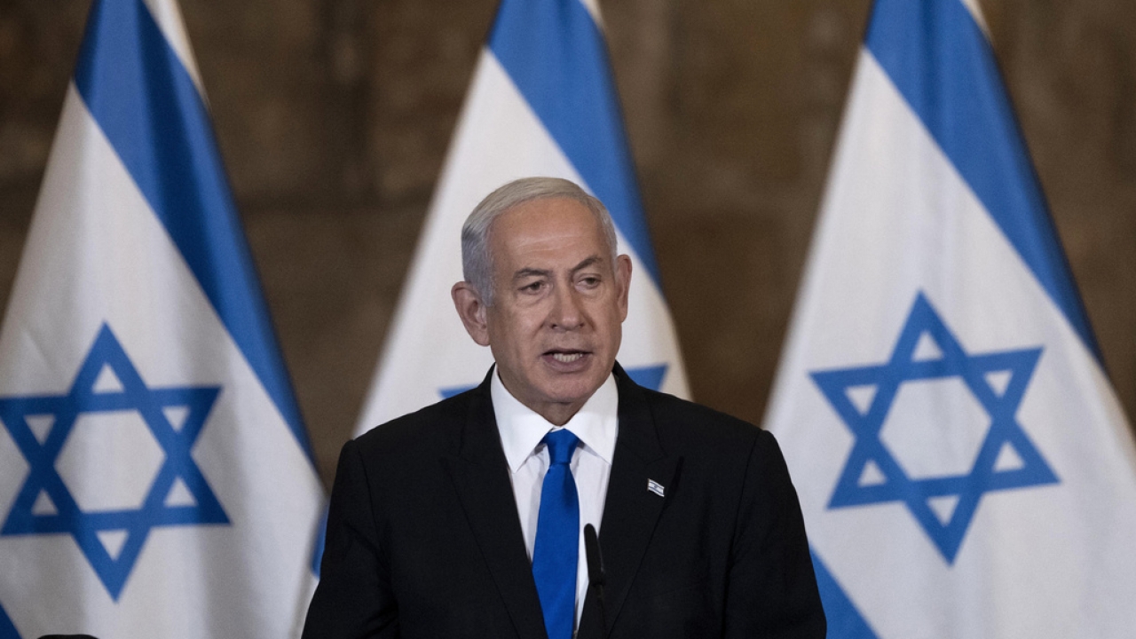 Israel's Prime Minister Benjamin Netanyahu speaks.