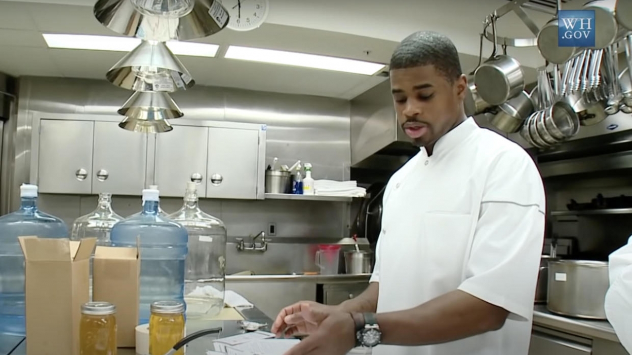Image of Tafari Campbell working in a kitchen for the White House.