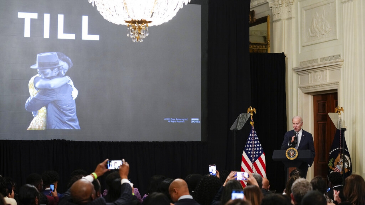President Joe Biden speaks before the screening of the movie "Till" in the East Room.