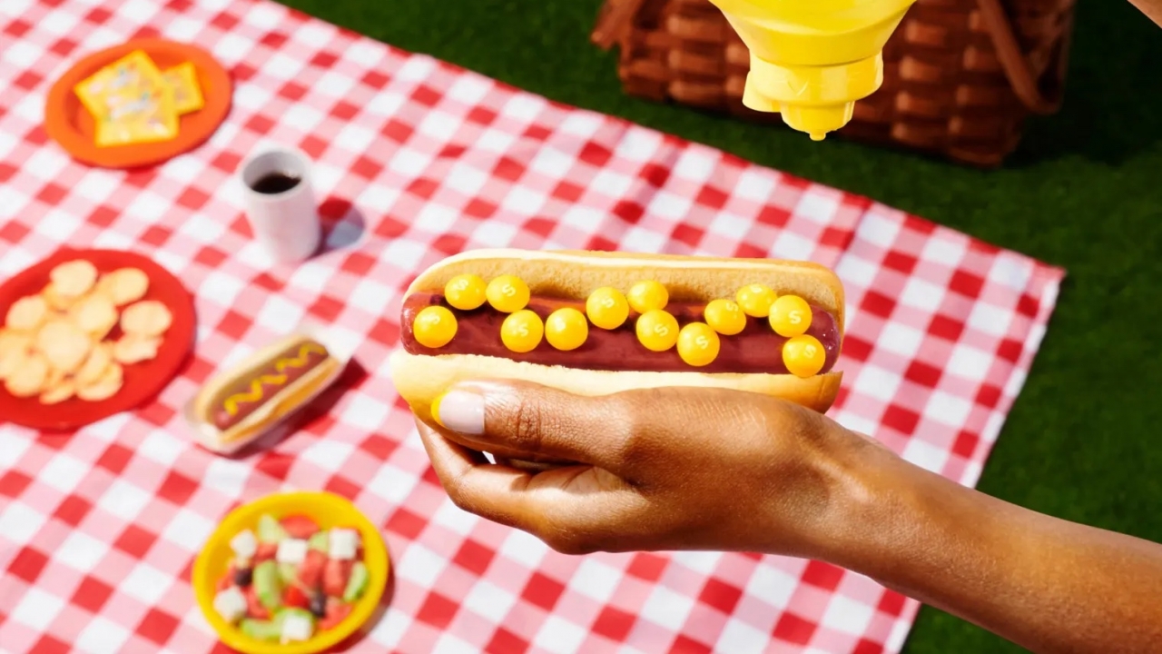 French's Mustard Skittles are shown on a hot dog.