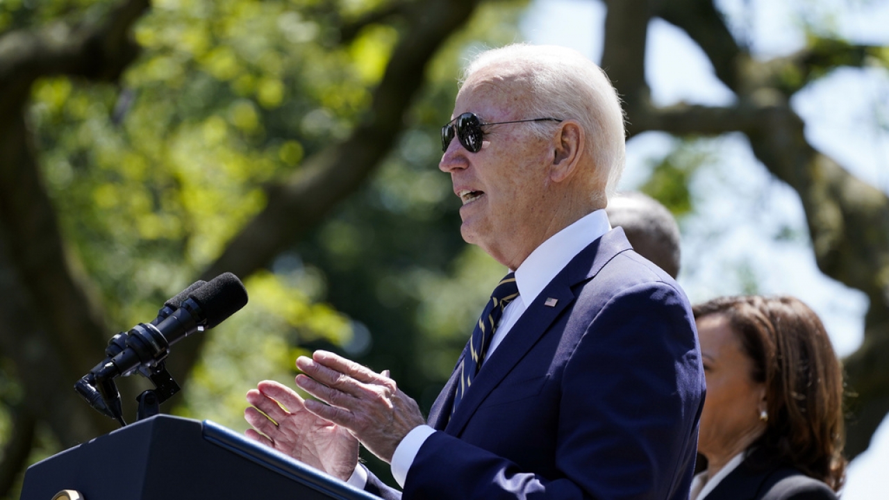 President Joe Biden speaks in the Rose Garden of the White House.