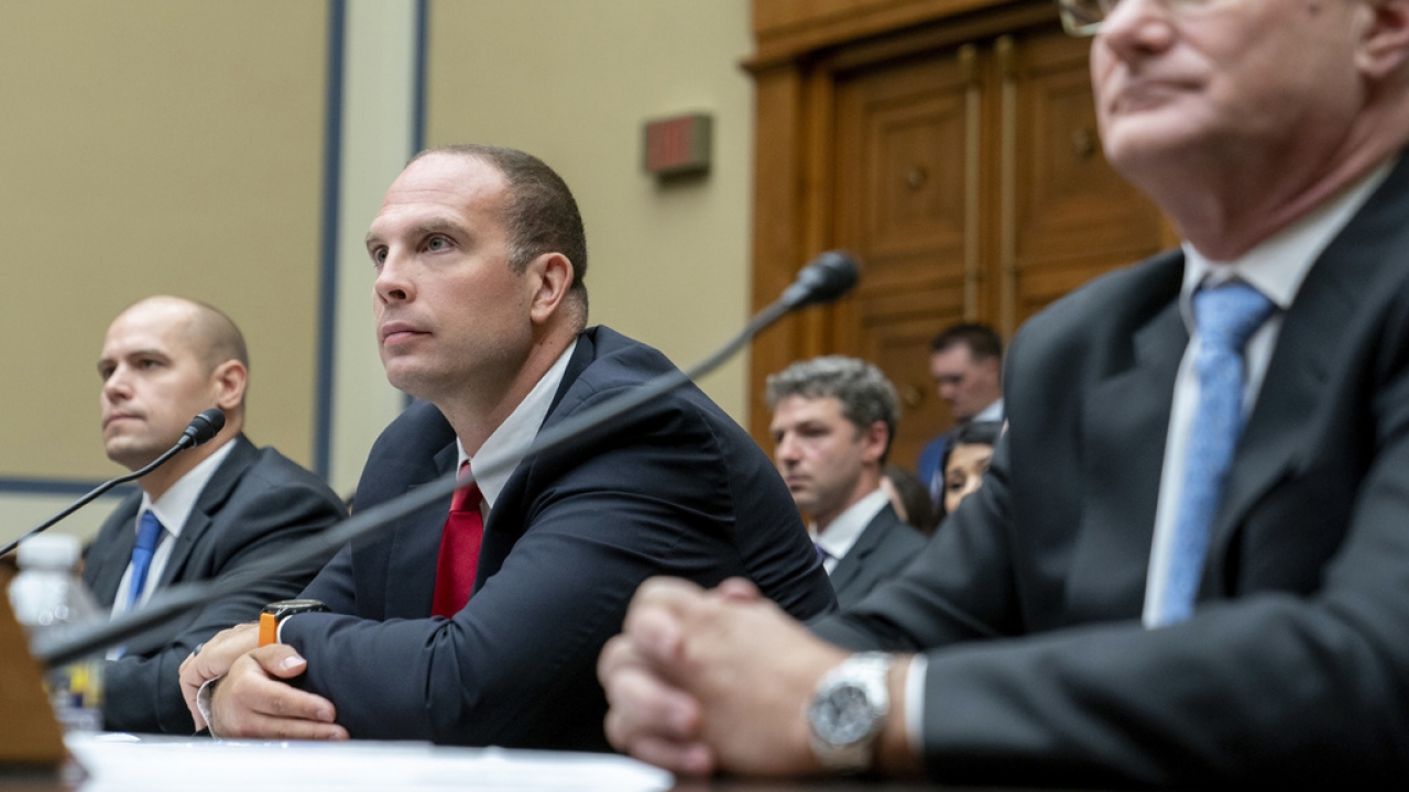 U.S. Air Force (Ret.) Maj. David Grusch testifies before a House Oversight and Accountability subcommittee hearing on UFOs