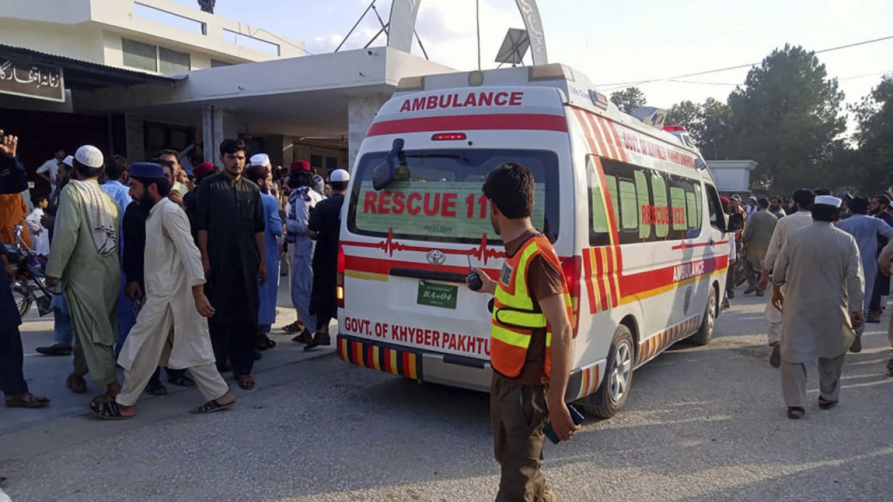 An ambulance carries injured people after a bomb explosion in the Bajur district of Khyber Pakhtunkhwa, Pakistan.