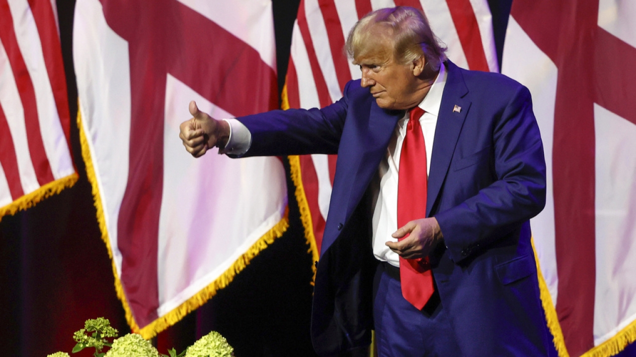Former President Donald Trump gestures after speaking at a fundraiser event