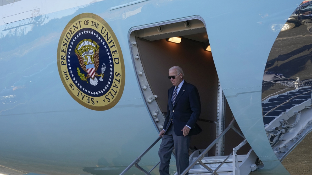 President Joe Biden arrives on Air Force One at Grand Canyon National Park Airport.
