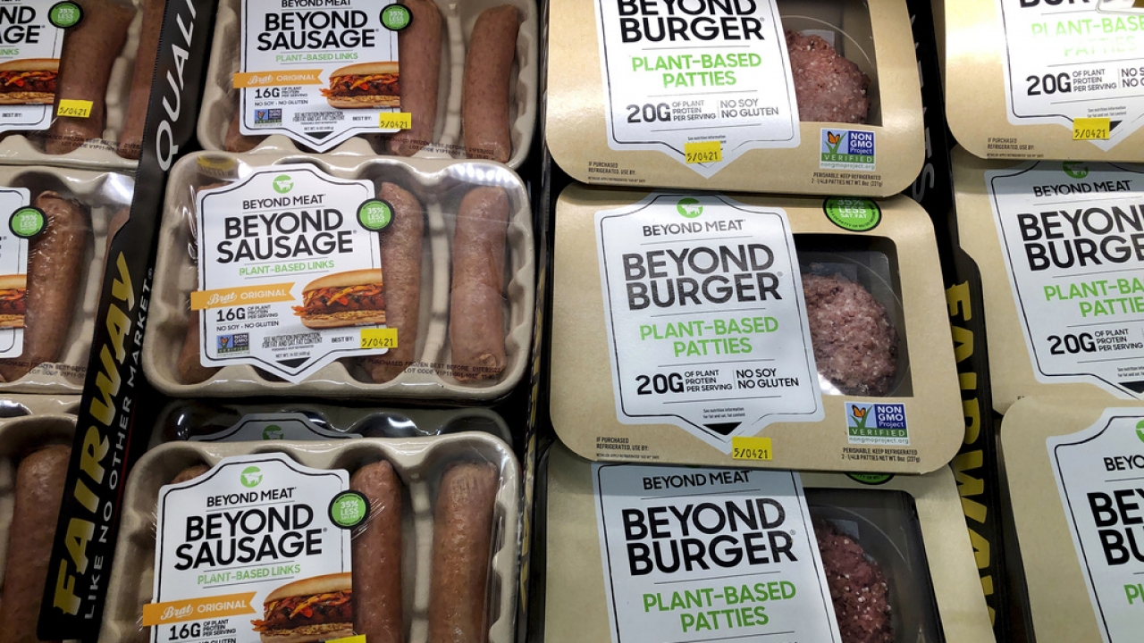Packages of Beyond Meat's Beyond Burgers and Beyond Sausage.