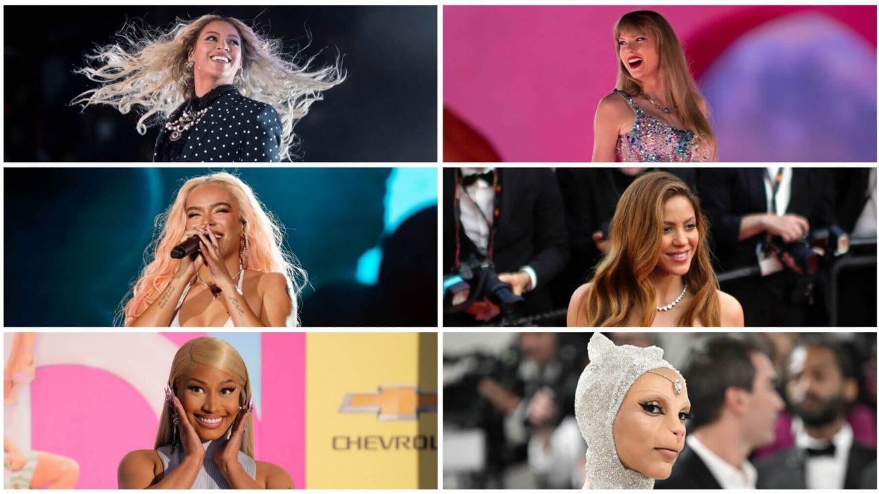 Photo collage of Beyoncé, Taylor Swift, Karol G, Shakira, Nicki Minaj and Doja Cat.